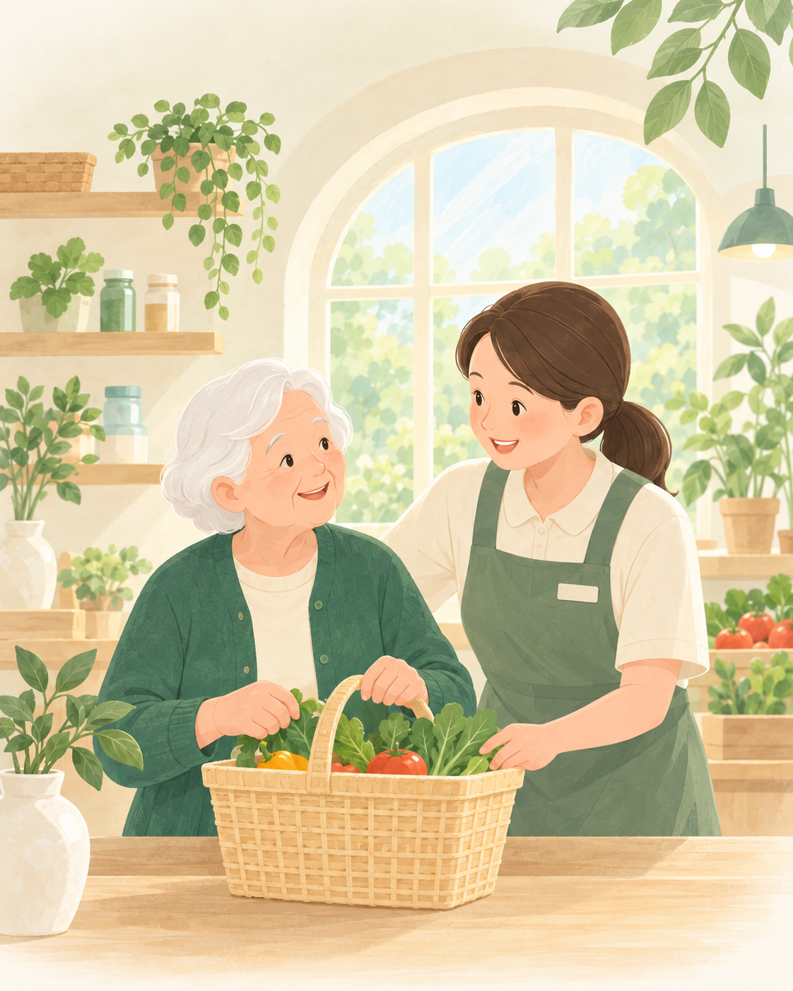 自然光が入る丸い窓と観葉植物のある室内で、白髪の高齢女性と女性スタッフが野菜の入った買い物かごを囲み、笑顔で会話するイラスト